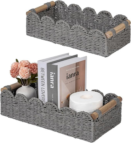CubesLand Toilet Paper Storage Basket, Scalloped Edge Shelves Basket for Organizing for Over Toilet Tank Storage, Home Decor Baskets for Shelf, Countertop, Living Room, Bedroom, Handwoven, Grey