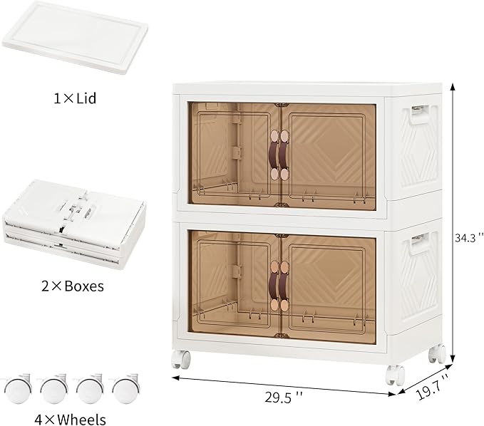 Vavkorkula Storage Bins with Lids and Wheels, 330QT-165QT*2Tier Collapsible Bathroom Storage Cabinet with Clear Doors, Plastic Stackable Closet Organizers and Containers White