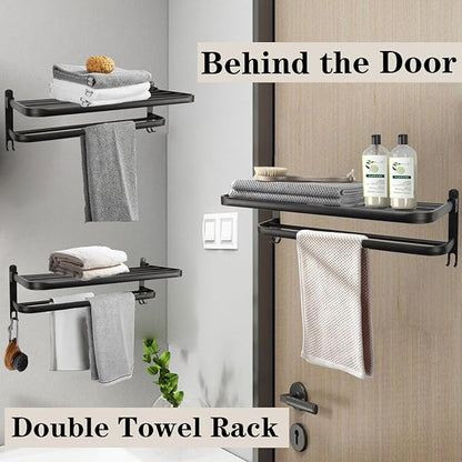 Towel Rack for Bathroom, Bath Towel Holder with Double Towel Bar and Foldable Towel Shelf, Rustproof Towel Organizer Wall Mounted Towel Storage Hanger for Bath/Balcony/Lavatory(16In Black)