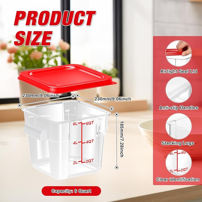 WELKOR Airtight Square Food Storage Containers with Lids 4-Pack, Lock-Tight Seal for Flour, Sugar, Cereal, Keep Food Fresh, BPA-Free Stackable Kitchen Canisters with Measurements (Red, 6QT-4PACK)