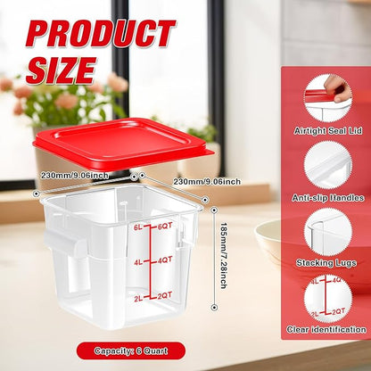 WELKOR Airtight Square Food Storage Containers with Lids 4-Pack, Lock-Tight Seal for Flour, Sugar, Cereal, Keep Food Fresh, BPA-Free Stackable Kitchen Canisters with Measurements (Red, 6QT-4PACK)