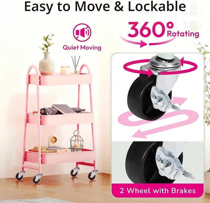 Utility Cart on Wheels, Metal Rolling Storage Cart Three Tier Small Cart with Lockable Wheels, Heavy Duty Kitchen Storage Cart with Handle, for Office, Living Room, Bathroom (Pink)