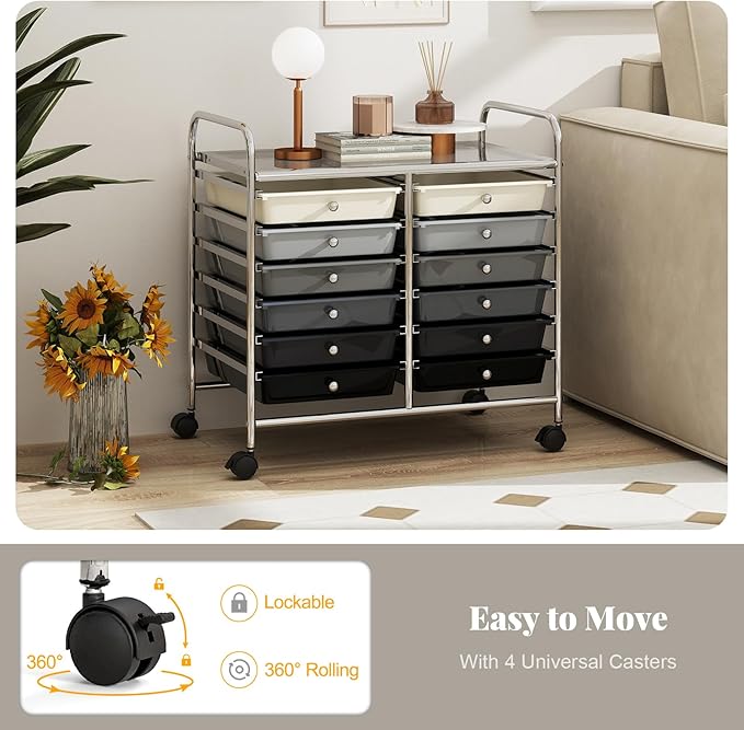 MAT EXPERT 12-Drawer Rolling Storage Cart, Mobile Utility Cart on Wheels, Removable Storage Drawers for Home, Study, Office, School,Paper Organizer