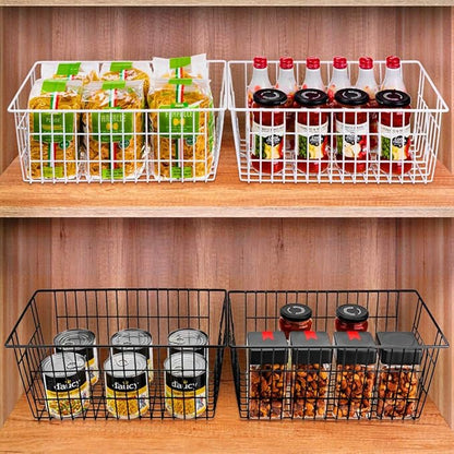 SANNO Freezer Basket Organizer, Refrigerator Metal Wire Storage Divider, Household Container Bins with Handles for Kitchen, Bathroom, Office, Camping, Black,Set of 4