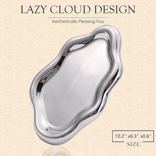 CCINPPY Ceramic Jewelry Tray Trinket Dish, Decorative Cloud Vanity Key Tray for Women, Ring Holder Dish, Cute Jewelry Plate Bowl Room Decor Aesthetic, Silver, Large