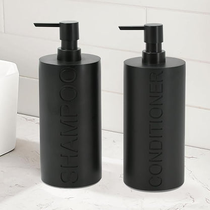 2-Pack Matte Black Resin Refillable Shampoo & Conditioner Bottles – Modern Bathroom Pump Dispenser Set, Durable Resin Shower Containers with Embossed Labels, Reusable Pump Bottle