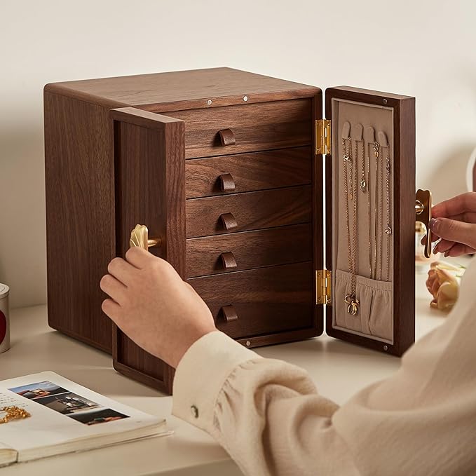 Homruilink Wooden Jewelry Box 5 Layer Black Walnut Large Jewelry Organizer with Brass Handle for Necklaces Rings Earrings Watches Storage, Valentines Day Gifts for Her(7.9x8.7x10.0inches)