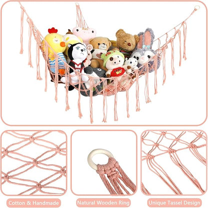 Stuffed Animal Hammock Corner, Hand-knitted Large Plushie Net Toy Hammock with Wooden Rings | Boho Cute Stuff Animal Storage for Nursery & Bedroom | Mesh Kids Toy Organizer Holder Nursery Room Decor