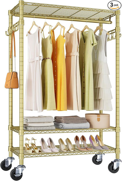 VIPEK R3 Heavy Duty Clothes Rack with Lockable Wheels, Rolling Portable Closet with Adjustable Shelves & Hanging Rod & Side Hooks, Compact Space-Saving Storage for Small Apartments/Dorms (Gold)