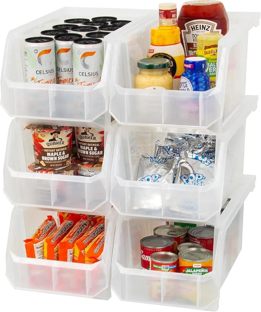 Plastic Containers for Organizing and Storage Bins for Closet, Kitchen, Office, Garage or Pantry Organization, Stackable Bins, Large (14.8" x 8" x 7"), 6-Pack, Clear