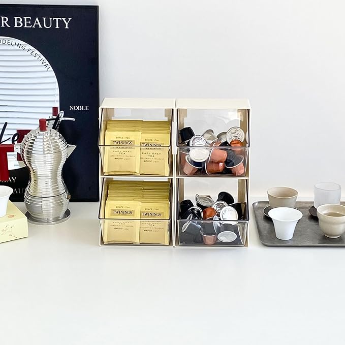 2 Pack Coffee Pod Holder, Creamer Holder for Coffee Bar, Plastic Sugar Organizer for Station, Kitchen Pantry, Home Office Storage Bins for K Cups, Tea Bags, Candy, Snacks (White)