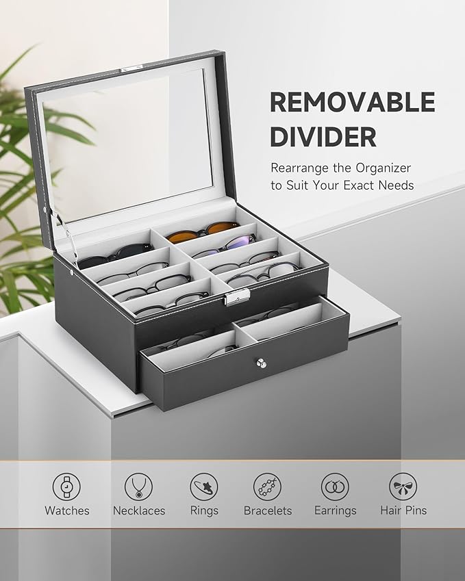 CO-Z Sunglasses Organizer, Leather Eyeglasses Storage Box for Women Men, Lockable Sunglass Display Case Holder with Drawer