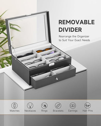 CO-Z Sunglasses Organizer, Leather Eyeglasses Storage Box for Women Men, Lockable Sunglass Display Case Holder with Drawer