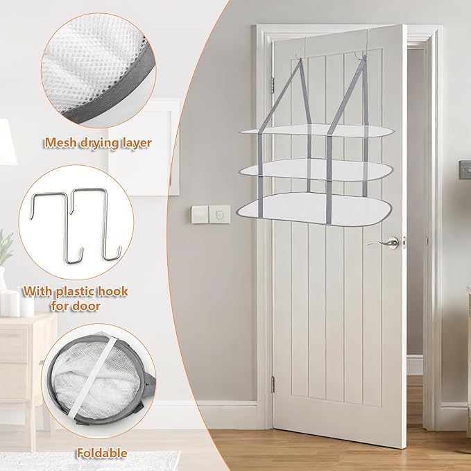 2 Pack 3 Tier Foldable Sweater Drying Rack Over The Door Drying Rack with Hooks Flat Drying Rack Large Laundry Clothes Dry Hanger Mesh for Apartments Indoor