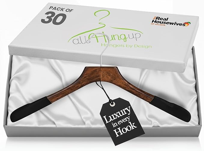 All Hung Up Hangers - Premium Luxe Wooden Hangers for Women, Wide Shoulder Design for Dresses, Skirts, Sweaters & Blouses, Heavy Duty with Velvet Grip, Mahogany with Black Velvet, 30 pcs