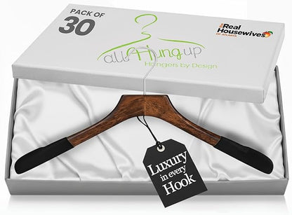 All Hung Up Hangers - Premium Luxe Wooden Hangers for Women, Wide Shoulder Design for Dresses, Skirts, Sweaters & Blouses, Heavy Duty with Velvet Grip, Mahogany with Black Velvet, 30 pcs