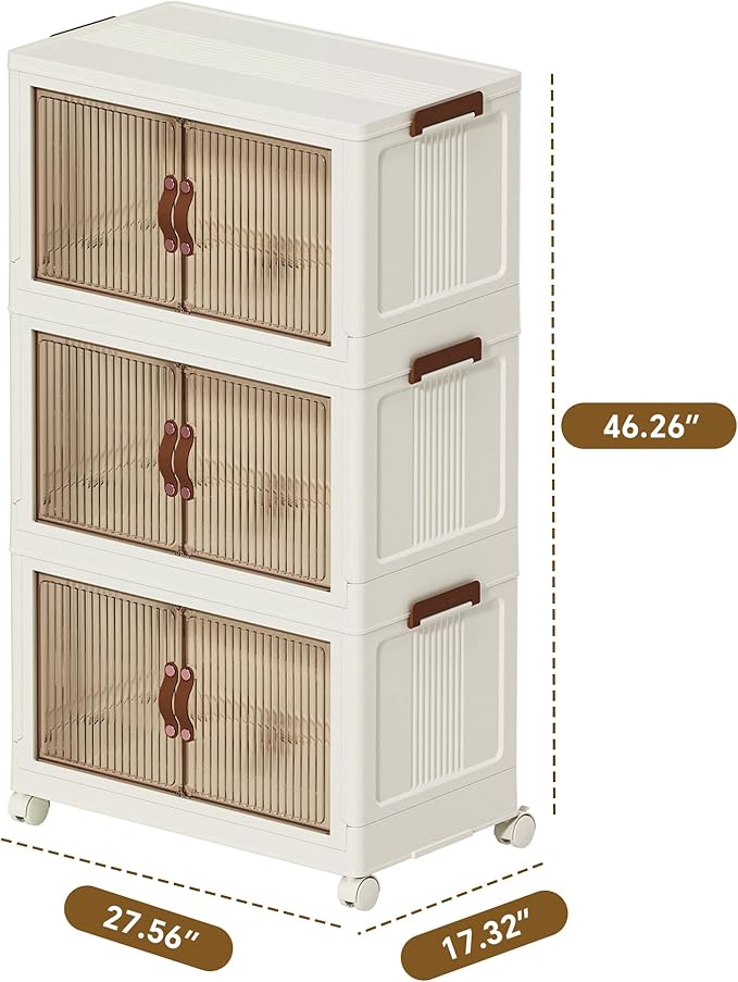 Collapsible Stackable Storage Bins with Lids and Wheels, 98 Gal Folding Storage Box with Doors, Foldable Plastic Cabinet Storage Containers with Drawers for Clothes, Home, Room, White, 3 Tiers