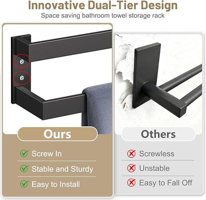 TNOMS Double Towel Bar,Towel Holder for Bathroom Stainless Steel Towel Rack Wall-Mounted Bathroom Towel Bar 24-Inch Bathroom Hardware Accessories,Matte Black