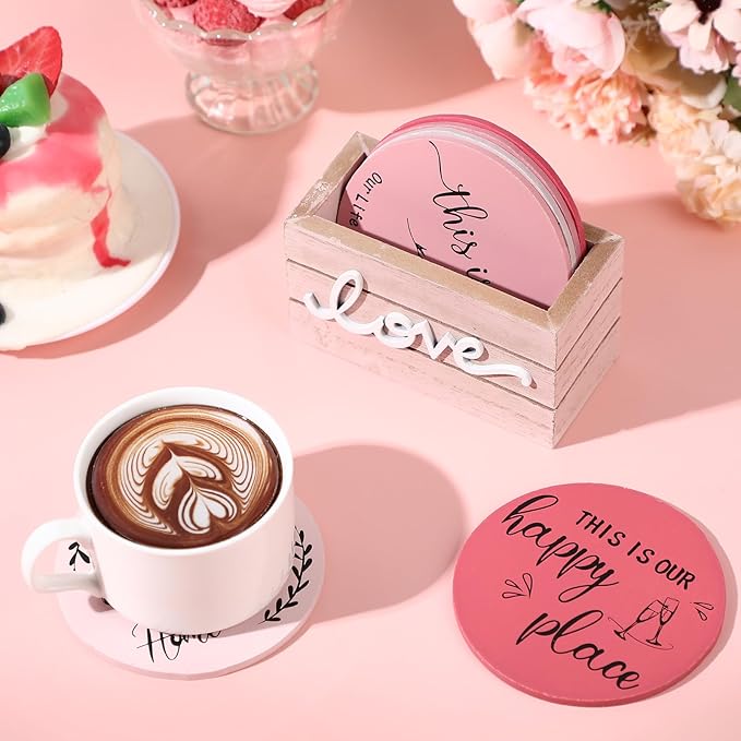 Queekay Coasters Set of 6 House Warming Gifts New Home Wooden Farmhouse Drink Coasters with Holder 4'' Funny Decoration for Kitchen Family Coffee Bar Tabletop Protection(Pink)