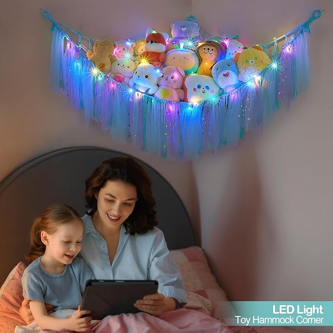 FIOBEE Stuffed Animals Net or Hammock with LED Light, Toy Hammock Hanging Stuffed Animals Storage Organizer Holder Room Décor for Nursery Kids Bedroom