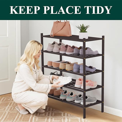 Smiry Bamboo Shoe Rack 5-Tier, Stackable Wooden Shoe Organizer for Entryway & Closet, Free Standing Wood Shoe Storage Shelf for Front Door & Small Spaces, Brown
