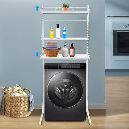 Eapmic Over The Washer and Dryer Storage Shelves, Laundry Room Standing Shelf, 3 Tier Expandable Washer and Dryer Rack with Adjustable Height, Over Toilet Washing Machine Width Within 25.2" (White)