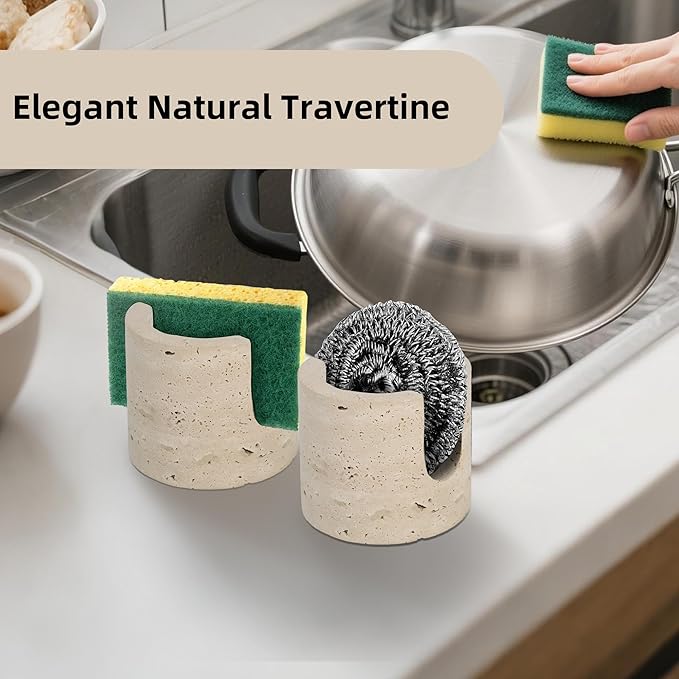 Xanavydran Marble Travertine Sponge Holder for Kitchen Counter,Beige Natural Stone Dish Drying Rack for Countertop,Marble Kitchen Accessories
