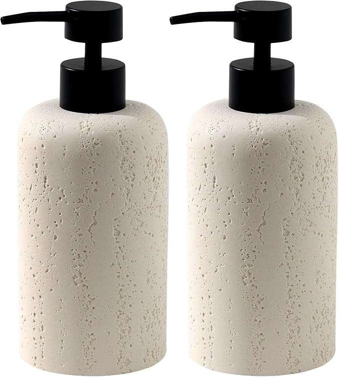 Haocoott Soap Dispensers 400mL 13.5 OZ, 2 PCS Luxurious Hand Dish Lotion Shampoo Soap Dispenser Jar, Travertine Soap Pump Bottles for Kitchen Bathroom Countertop (Cream)