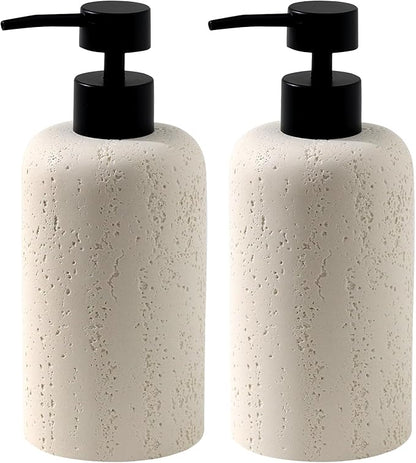 Haocoott Soap Dispensers 400mL 13.5 OZ, 2 PCS Luxurious Hand Dish Lotion Shampoo Soap Dispenser Jar, Travertine Soap Pump Bottles for Kitchen Bathroom Countertop (Cream)