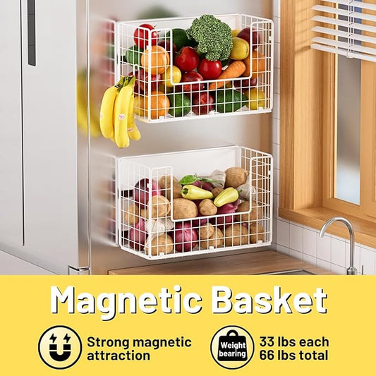 Ofiray-home Magnetic Fridge Shelf, Fruit Potato & Onion Storage Bins, Pantry Organizers, Large Container Basket for Refrigerator, Kitchen Counter, Cabinet (2, White)