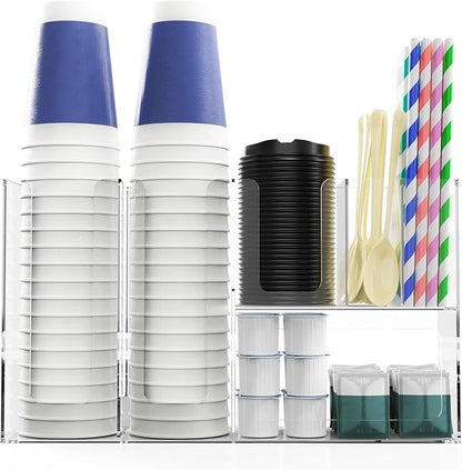 Paper Cup and Lid Holder with Straw Organizer, 6 Compartment Disposable Coffee Cup Dispenser for Countertop Coffee Bar Accessories Restaurant Breakroom, Acrylic, Clear
