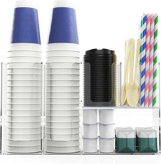 Paper Cup and Lid Holder with Straw Organizer, 6 Compartment Disposable Coffee Cup Dispenser for Countertop Coffee Bar Accessories Restaurant Breakroom, Acrylic, Clear