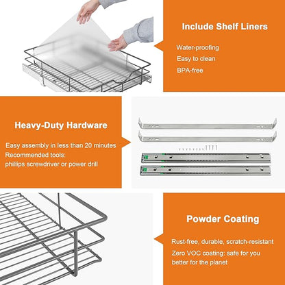 ALINE FURNITURE Pull Out Shelves - 14" W x 22" D Soft Close Pull Out Cabinet Organizer 1 Tier - Slide Out Drawers with Shelf Liner, Heavy Duty Steel Wire Baskets for Kitchen Cabinets, Pantry, Bathroom