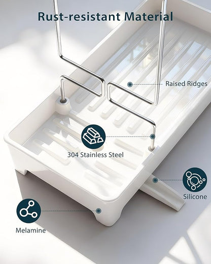 Caumic Minimalist Sink Caddy, Rustproof Sponge Holder for Kitchen Sink with 304 Stainless-Steel Brush Holder, Countertop Rack Organizer with Raised Ridges & Silicone Drain Tube (Cream White)
