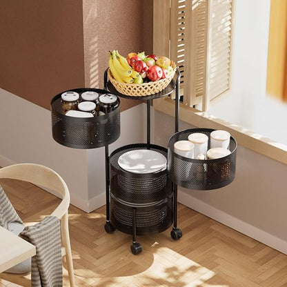 Kitchen Storage Rack No Assembly, 4-Tier Metal Storage Tower Cart Organizer on Rolling Wheels with Removal Basket for Fruit Vegetable Grocery Corns Potato Onion,Fruteros Para Cocina (4-Tier, Black)