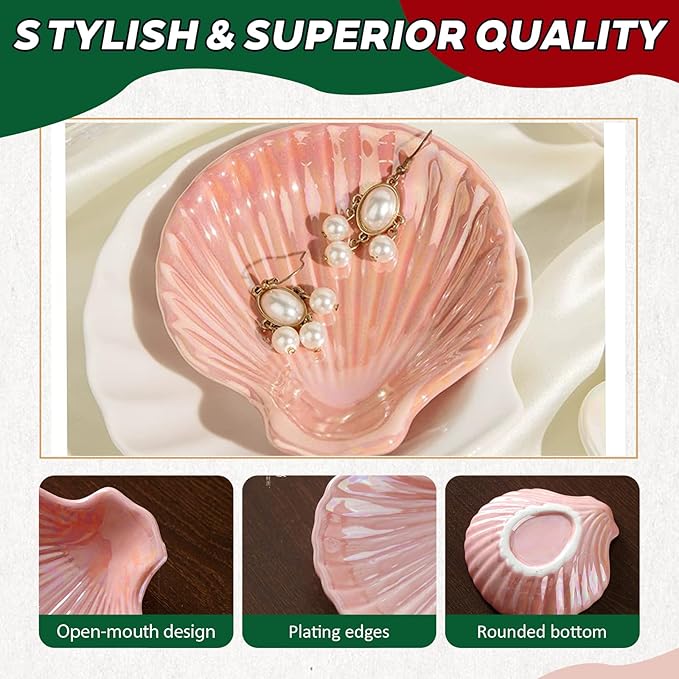 FatySuby Ceramic Jewelry Tray Dish, Ring Holder Dish, Decorative Trinket Tray Jewelry Dish for Rings, Earrings, Necklaces Watch Key, Pearl Shell Shaped Home Decor Gift for Women, Pink