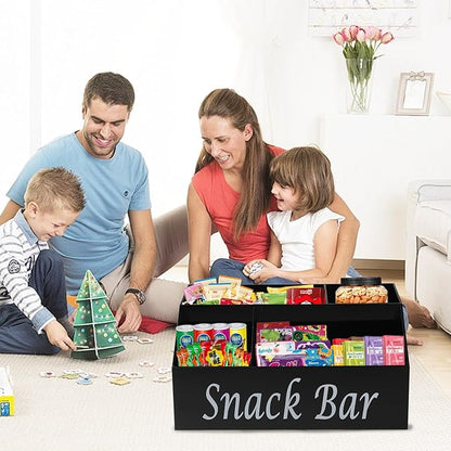 Snack Organizer for Countertop - Acrylic Storage Container With 4 Compartments for Kitchen Cabinet Pantry - Black Snack Bar Station