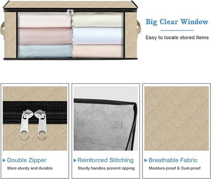 HomeHacks Storage 8-Pack Clothes Organizer Storage Bags Foldable Storage Box with Large Clear Window Sturdy Handles for Closet, Dorm, Pillows, Bedding, Clothes, Blankets, 35L, Beige