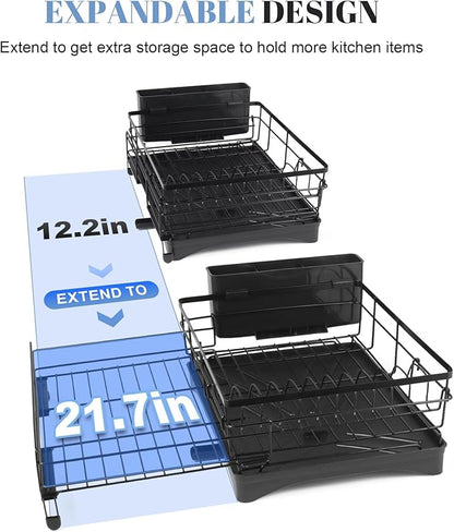 Oroonoko Extendable Dish Drying Rack,Large Drying Dish Drainer for Kitchen Counter, Stainless Steel Dish Strainer with Utensil Rack and Adjustable Feet for Sink