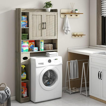 Farmhouse Storage Cabinet Over Toilet with 2 Barn Doors & Toilet Paper Holder Stand, Space-Saving Bathroom Rack