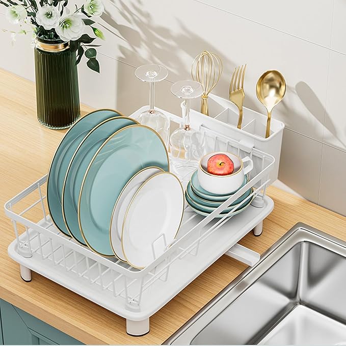 BULIJUJU Small Dish Drying Rack, Space Saving Dish Racks for Kitchen Counter, Kitchen Organizer Dish Drainer with Cutlery Holder for Spoons and Forks, 11''W x 15''L, White