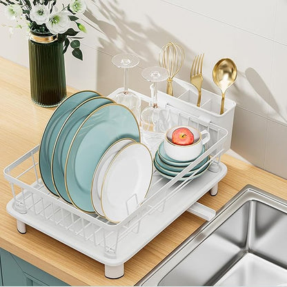 BULIJUJU Small Dish Drying Rack, Space Saving Dish Racks for Kitchen Counter, Kitchen Organizer Dish Drainer with Cutlery Holder for Spoons and Forks, 11''W x 15''L, White
