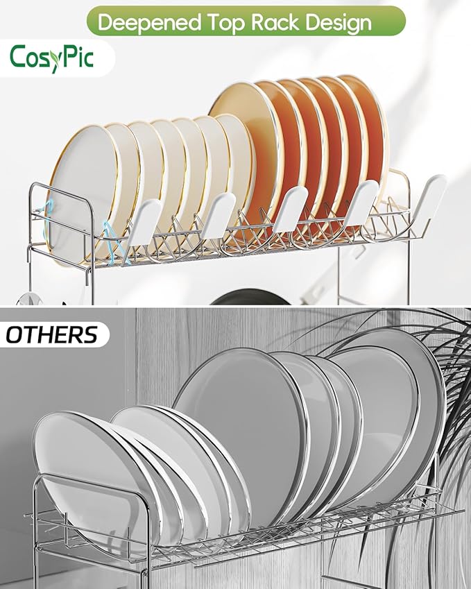 CosyPic 2 Tier Dish Drying Rack, Thicker Premium 304 Stainless Steel Dish Racks for Kitchen Counter, Automatic Drainage Spout, Dish Drainer & Drainboard Set with Utensil Holder and Cup Holder, White