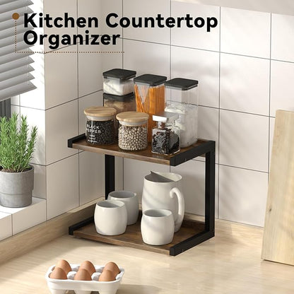 MARTY 2 Tier 12.6"x7.7" Counter Shelf Organizer Kitchen Spice Rack for Countertop, Coffee Station Organizer for Mugs Cups, Wood Shelf Desk Storage Organizer for Bathroom Home Office (Rustic Brown)