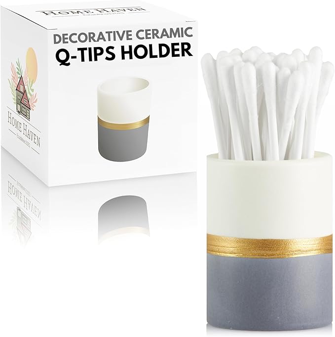 Home Haven Qtip Holder - White/Navy with Gold Stripe - Q Tip Holder for Bathroom, Bathroom Vanity Decor, Floss Pick Holder, Cotton Swab Holder, Bathroom Sink Decor, Flosser Holder, Cute Bathroom Decor