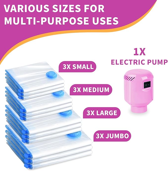 B365 Vacuum Storage Bags with Electric Pump, 12 Pack (3 Jumbo, 3 Large, 3 Medium, 3 Small) Vacuum Seal Bags for Clothes, Bedding, Mattress, Blankets, Travel