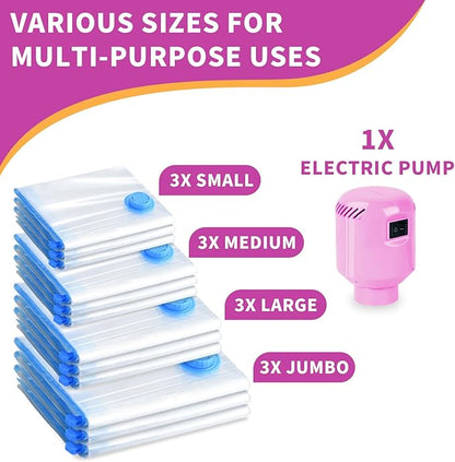 B365 Vacuum Storage Bags with Electric Pump, 12 Pack (3 Jumbo, 3 Large, 3 Medium, 3 Small) Vacuum Seal Bags for Clothes, Bedding, Mattress, Blankets, Travel
