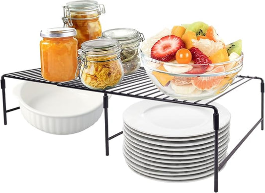 Refrigerator Organizer Freezer Organizer, Expandable Adjustable Kitchen Cabinet Rack for Pantry, Cupboard, Countertop - Space Saving Shelf (Black)