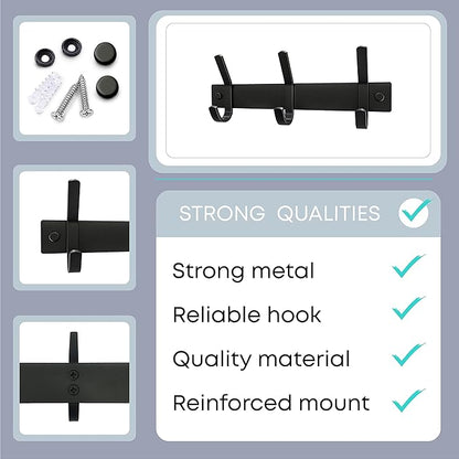 Matte Black Small Coat Rack Wall Mount – 9 Inch Stainless Steel Hook Rail with 3 Double Coat Hooks – Wall Mounted Entryway Organizer for Coats, Hats, Bags, Towels, Robes, Closet or Bathroom - 2 Pack