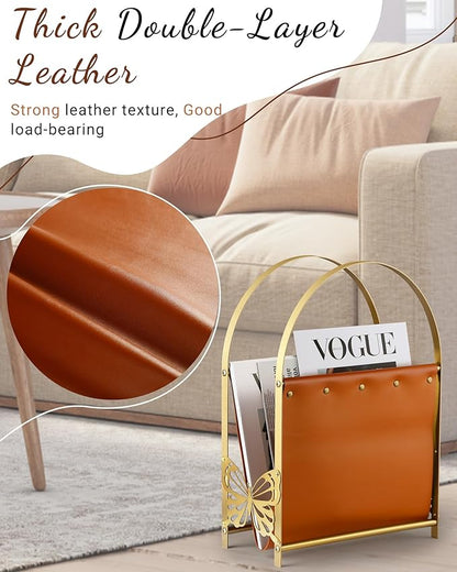 Aocii Magazine Holder, Artificial Leather Magazine Rack Floor with Golden Butterfly Hardware & Antique Brass Buckles, Bathroom Magazine Rack, Magazine Organizer for Floor Standing Home Decor